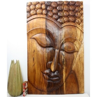 Hand-carved 30 x 47 Walnut Oiled 'Serene Buddha' Acacia Panel (Thailand)