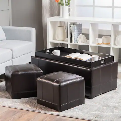 Drake 3-piece Bonded Leather Tray Top Nested Storage Ottoman Bench by Christopher Knight Home