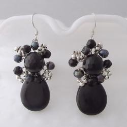 Handmade Drop Teardrop Black Onyx Pearl Silver Earrings (Thailand)