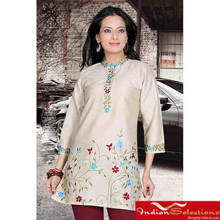 Golden 3/4-sleeve Kurti/ Tunic with Designer Embroidery (India)