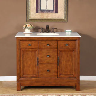 Silkroad Exclusive Natural Stone Countertop Lavatory Single Sink Cabinet Vanity (42-inch)