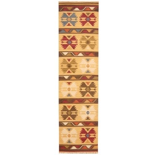 Herat Oriental Indo Hand-woven Kilim Ivory/ Green Wool Area Rug (2'6 x 10')