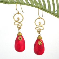 Goldtone Red Coral Teardrop Swirl Earrings (Thailand)