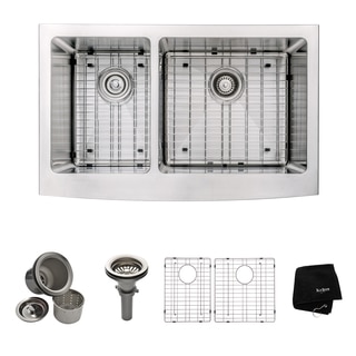 KRAUS 33 Inch 60/40 Double Bowl 16 Gauge Stainless Steel Farmhouse Kitchen Sink with NoiseDefend Soundproofing