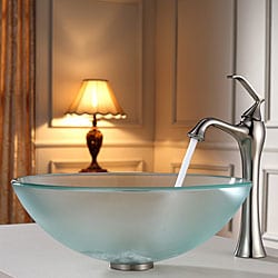 KRAUS Frosted Glass Vessel Sink in Clear with Ventus Faucet in Brushed Nickel