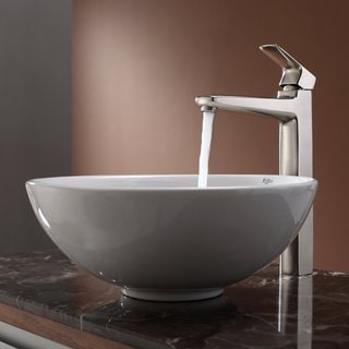 KRAUS Soft Round Ceramic Vessel Sink in White with Virtus Faucet in Brushed Nickel