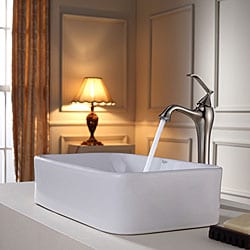 KRAUS Rectangular Ceramic Sink in White with Ventus Faucet in Brushed Nickel