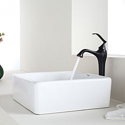 KRAUS Square Ceramic Vessel Sink in White with Ventus Faucet in Oil Rubbed Bronze