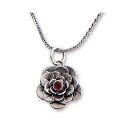 Sterling Silver 'Holy Lotus' Garnet Flower Necklace (Indonesia)