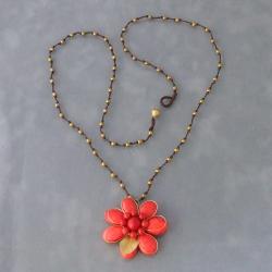 Brass Red Coral Cotton Rope Floral Necklace (Thailand)
