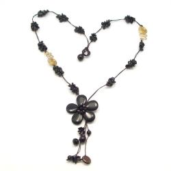 Handmade Long Drop Onyx Flower-Brass Deco Wax Rope Necklace (Thailand)