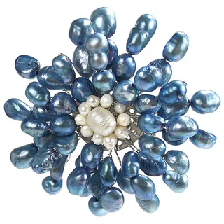 Blue Dyed Freshwater Pearls Retro Floral Pin-Brooch (Thailand)