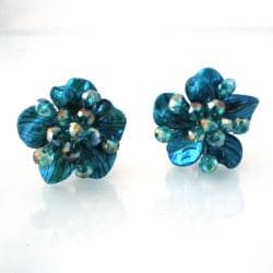 Blue Zebra Painted Mother of Pearl Floral Clip On Earrings (Thailand)