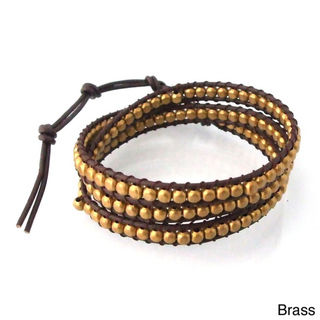 Silver/ Brass Shine Beads Leather Triple Wrap Bracelet (Thailand)