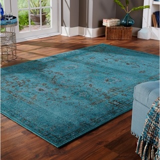 Over-dyed Distressed Traditional Teal/ Grey Area Rug (6'7 x 9'6)