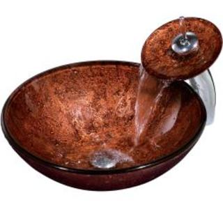 VIGO Mahogany Moon Vessel Sink in Copper with Waterfall Faucet