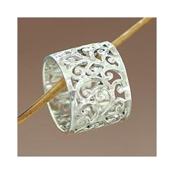 Exotic Bali Artisan Designer Handmade Fashion Clothing Accessory Sterling Silver Floral Jewelry Size 17mm Wide Band Ring