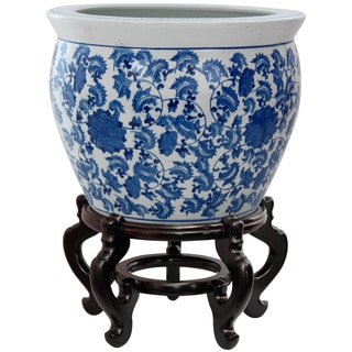 Porcelain 20-inch Blue and White Floral Fishbowl (China)