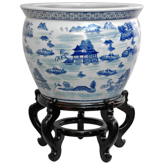 Porcelain 20-inch Blue and White Landscape Fishbowl (China)