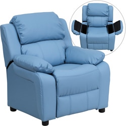 Deluxe Heavily Padded Contemporary Light Blue Vinyl Kids Recliner with Storage Arms