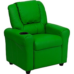 Contemporary Green Vinyl Kids Recliner with Cup Holder and Headrest
