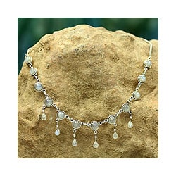 Handmade Sterling Silver 'Shimmer' Moonstone Waterfall Necklace (India)