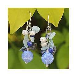 Handmade Sterling Silver Blue Multi-gemstone and 4mm Pearl Earrings (Thailand)