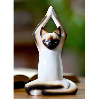 Handcrafted Wood 'Toward the Sky Yoga Cat' Sculpture (Indonesia)