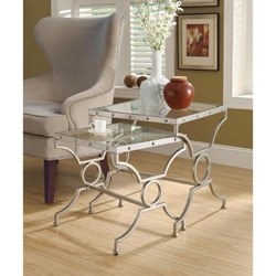 Satin Silver 2-piece Nesting Table Set with Tempered Glass