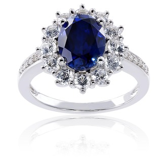 Sterling Silver Created Blue and White Sapphire Diamond Halo Engagement Ring by Miadora