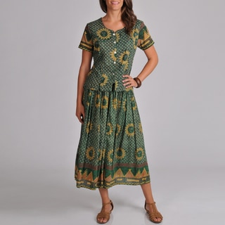 La Cera Women's Woven Green Sun Print Top and Skirt 2-piece Set