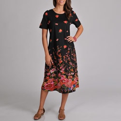La Cera Women's Short-sleeve Black Floral Print A-line Dress