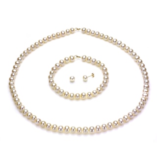 DaVonna 14k Yellow Gold 6-7mm White Freshwater Pearl Necklace Bracelet and Earring Set