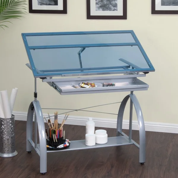 Studio Designs Avanta Glass Top Silver Drafting Table with Storage