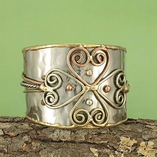 Handcrafted Hammered Brass/ Copper Cross Cuff Bracelet (India)