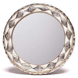 11-Inch Round Hand-Carved Bone Moroccan Mirror , Handmade in Morocco