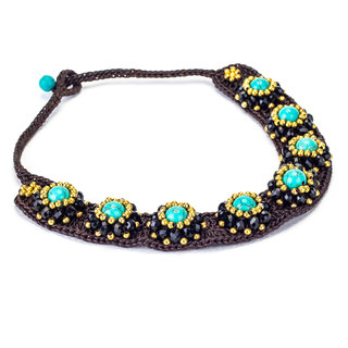 Turquoise, Crystal and Brass Bead Wax Cord Necklace (Thailand)