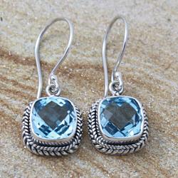 Silver Faceted Square Blue Topaz Bali Drop Earrings (Indonesia)