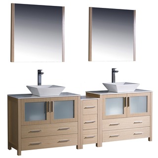 Fresca Torino 84-inch Light Oak Modern Double Sink Bathroom Vanity with Side Cabinet and Vessel Sinks