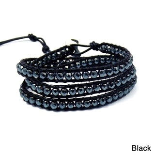 Midnight Charm Hematite Beads Black Leather Bracelet (Thailand)