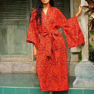 Red Floral Kimono Hand Crafted Full Lenth Year Round Elegant Easy Care Self Tie 100-percent Cotton Womens Robe (Indonesia)