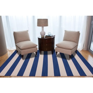 Handmade Reversible Flat Weave Stripe Blue Wool Rug (2' x 3')