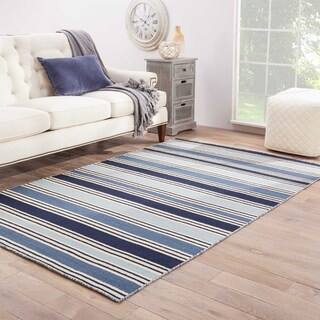 Flat Weave Stripe Blue Wool Rug (8' x 10')
