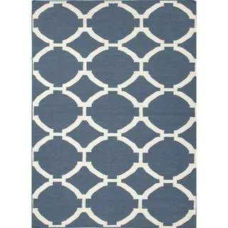 Flat Weave Geometric Blue 100-percent Wool Rug (9' x 12')