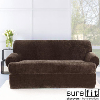 Sure Fit Stretch Plush Chocolate T-Cushion Loveseat Slipcover