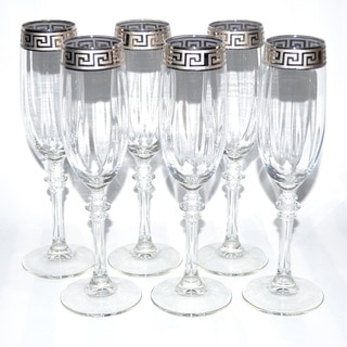 Italian Silver-accented Greek Key Versace Style Champange Flutes (Set of 6)