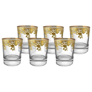 Double Old Fashioned Glasses with 14k Gold Pattern Rim Accent (Set of 6)