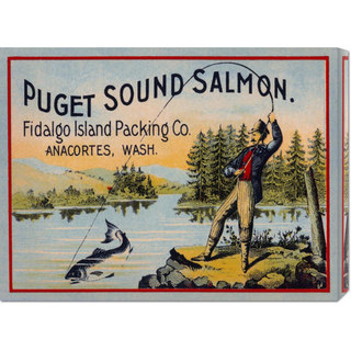 Global Gallery Retrolabel 'Puget Sound Salmon - On the Fly' Stretched Canvas