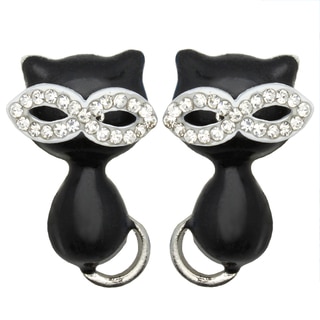 Kate Marie Silvertone Rhinestone Black Cat Design Fashion Earrings