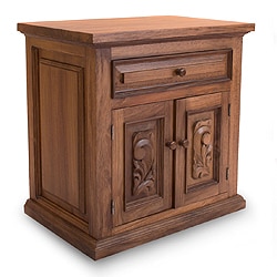 Colonial Ranch One Drawer with Doors Living or Bedroom Carved Polished Rich Full Grain Brown Parota Wood Side Cabinet (Mexico)